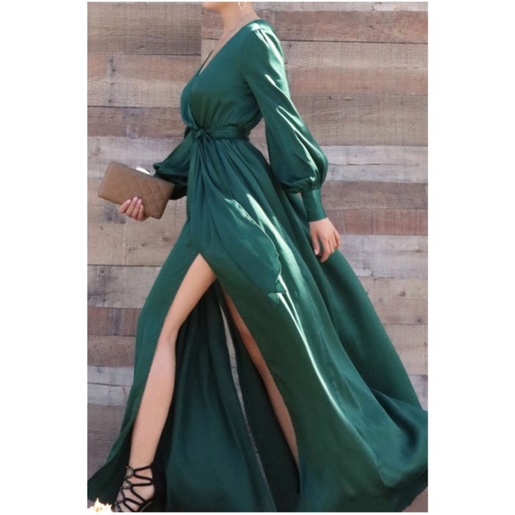 Boho Dusty Pink Satin Puff Sleeve Maxi Dress Party Wedding - Picture 2 of 3